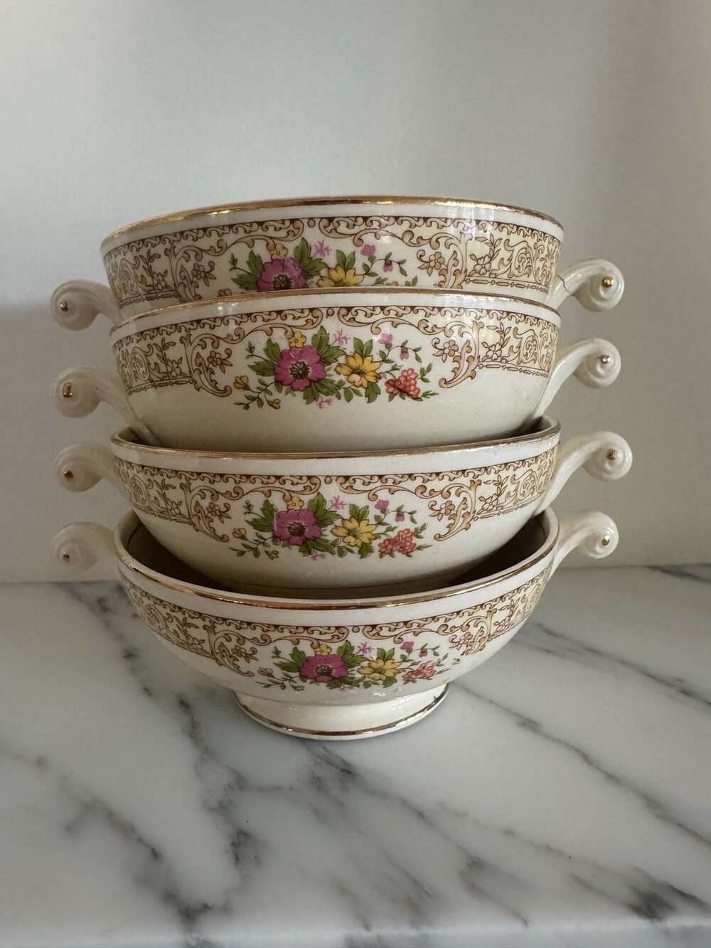 4 Homer Laughlin Eggshell Nautilus Coronet Footed Cream Soup Bowls with Handles